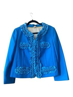 J.Crew Astrid Blue Wool Embellished Jacket Ruffle Rosette Cropped Blazer Size 12